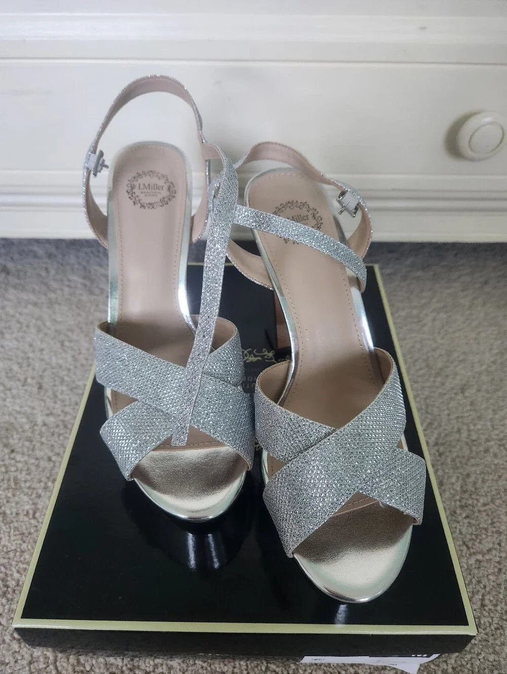 I Miller Silver Samien Sparkle Strappy Block Heels Womens